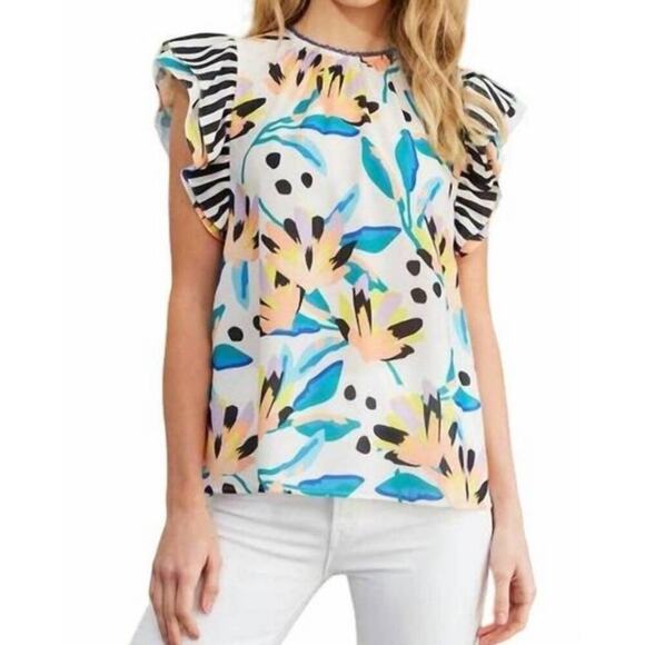 Crosby by Mollie Burch Flutter Cap Sleeve Zoe Top Island Lillies Mixed Print, XS - Picture 2 of 8